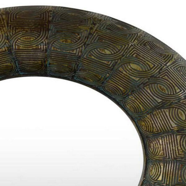 33 Inch Decorative Wall Mirror, Round Embossed Design, Bronze Metal