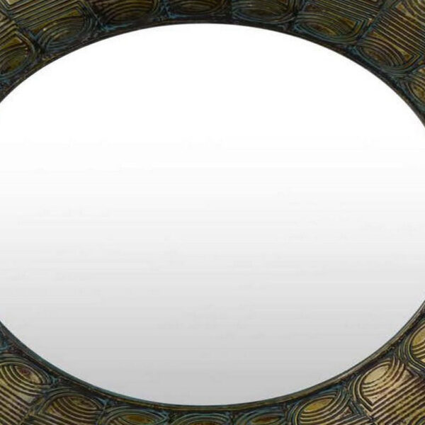 33 Inch Decorative Wall Mirror, Round Embossed Design, Bronze Metal