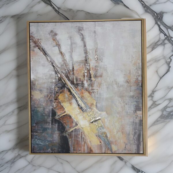 40 x 59 Framed Canvas Oil Painting, Guitar, Natural Fiber, Gray and Brown