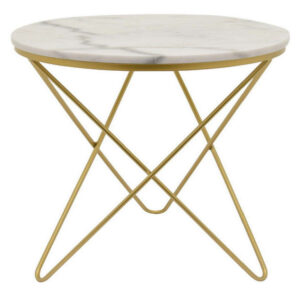 24 Inch Modern Plant Stand Side Table, Round Marble Display, Gold Metal