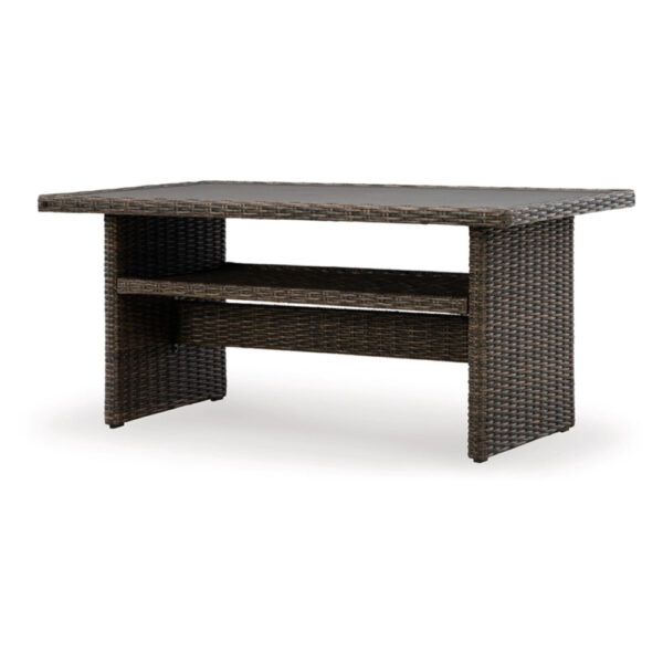 Soha 59 Inch Outdoor Multi Use Dining Table, Resin Wicker with Shelf, Brown