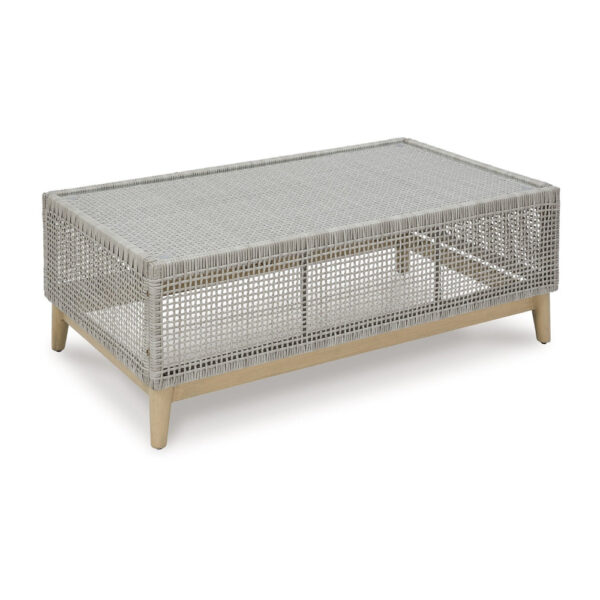 150220266991ceac3001f.jpeg Yami 50 Inch Outdoor Coffee Table, Resin Wicker, Tempered Glass Top, Gray