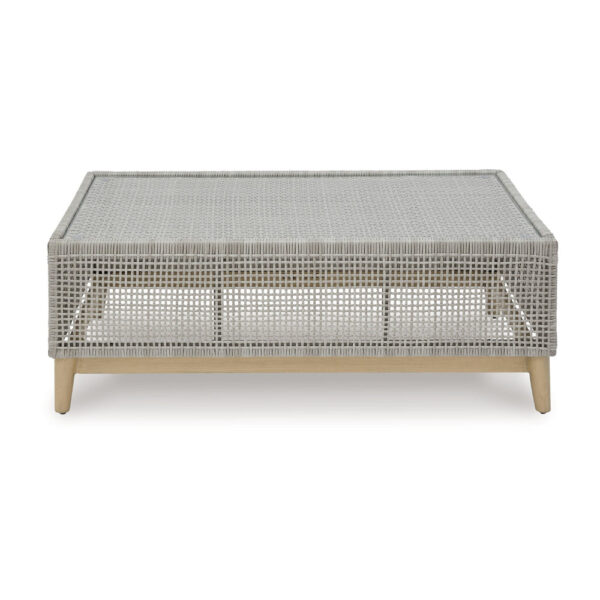 150220266991ceadecc04.jpeg Yami 50 Inch Outdoor Coffee Table, Resin Wicker, Tempered Glass Top, Gray