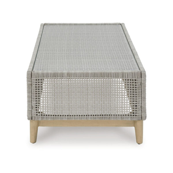 150220266991ceafcfd34.jpeg Yami 50 Inch Outdoor Coffee Table, Resin Wicker, Tempered Glass Top, Gray
