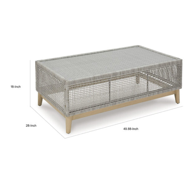 150220266991ceb2d841b.jpeg Yami 50 Inch Outdoor Coffee Table, Resin Wicker, Tempered Glass Top, Gray