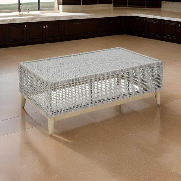 150220266991ceb4c28fb.jpeg Yami 50 Inch Outdoor Coffee Table, Resin Wicker, Tempered Glass Top, Gray