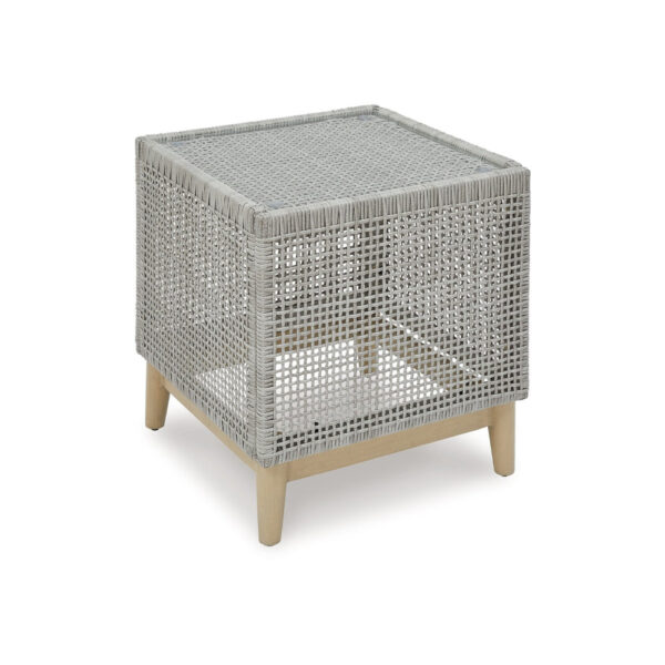 Yami 23 Inch Outdoor Side End Table, Resin Wicker, Tempered Glass Top, Gray