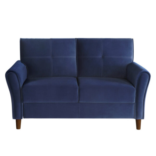 Sarah 57 Inch Loveseat, Blue Velvet, Stitch Tufting, Reversible Cushions