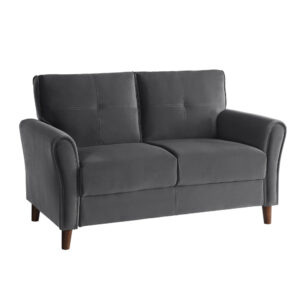 150220266991d112b9398.jpeg Sarah 57 Inch Loveseat, Gray Velvet, Stitch Tufting, Reversible Cushions