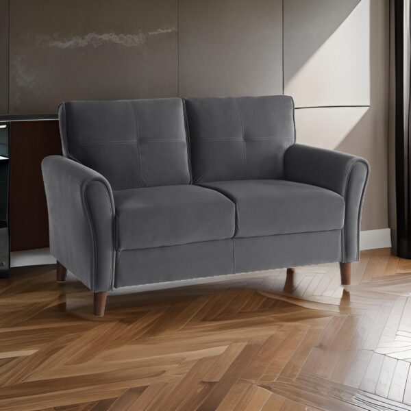 Sarah 57 Inch Loveseat, Gray Velvet, Stitch Tufting, Reversible Cushions