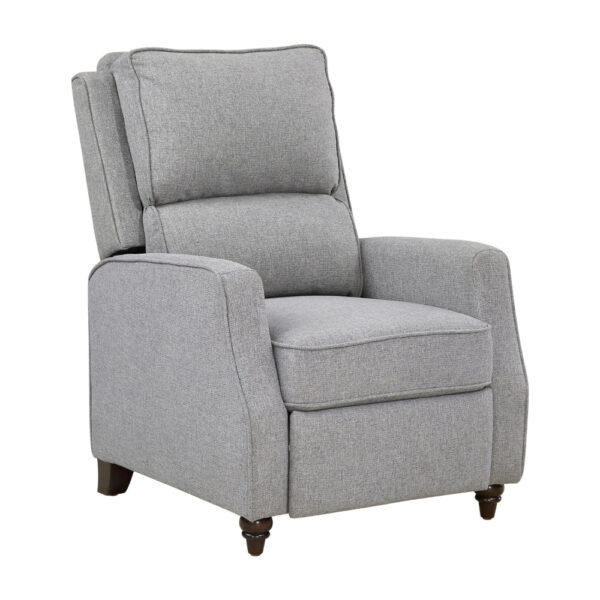Isac 37 Inch Push Back Recliner Chair, Gray Polyester, Brown Solid Wood