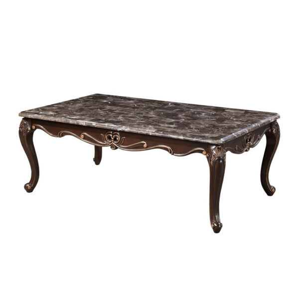 Cona 54 Inch Cocktail Coffee Table, Carved Gold Accent, Cherry Brown, Gray