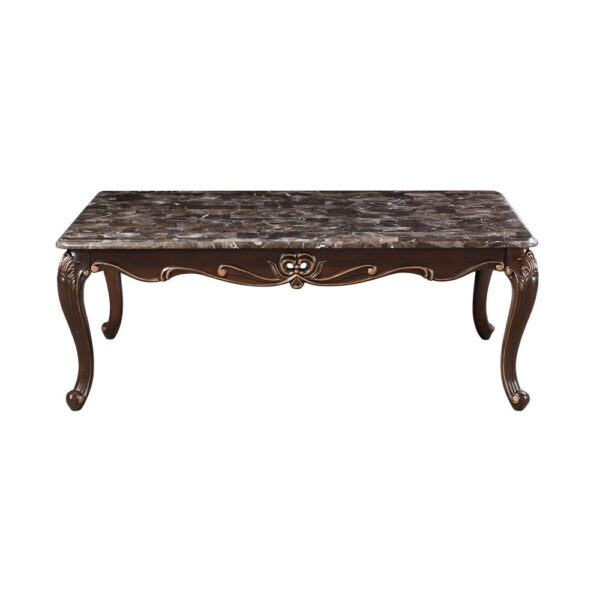 Cona 54 Inch Cocktail Coffee Table, Carved Gold Accent, Cherry Brown, Gray