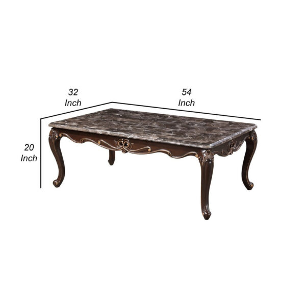 Cona 54 Inch Cocktail Coffee Table, Carved Gold Accent, Cherry Brown, Gray