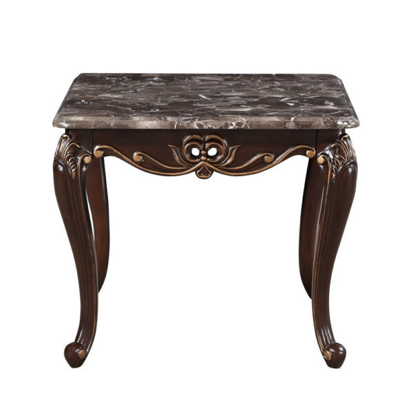 Cona 28 Inch Side End Table, Carved Gold Accents, Cherry Brown, Gray White