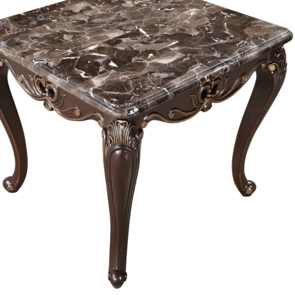 Cona 28 Inch Side End Table, Carved Gold Accents, Cherry Brown, Gray White