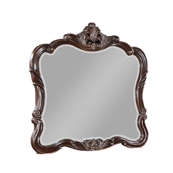 Leon 46 x 47 Dresser Mirror, Beveled, Carved Details, Dark Walnut Finish