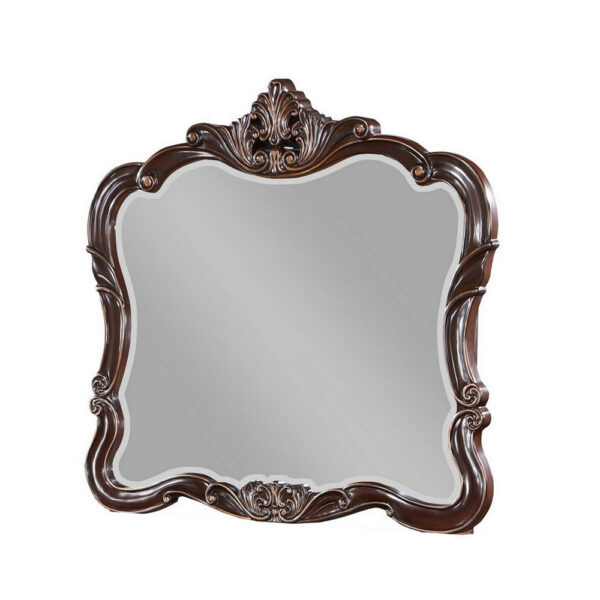 Leon 46 x 47 Dresser Mirror, Beveled, Carved Details, Dark Walnut Finish
