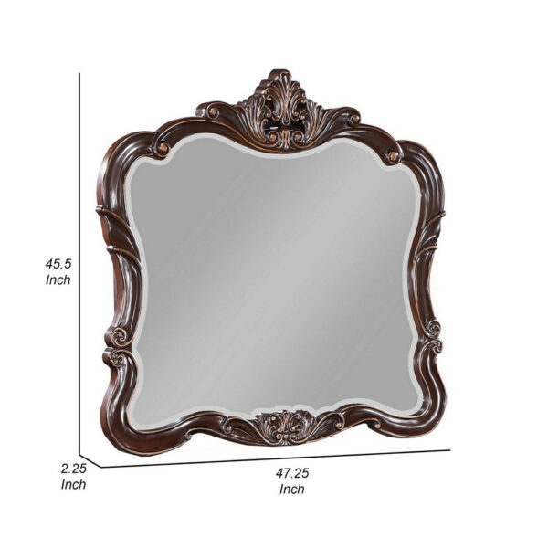 Leon 46 x 47 Dresser Mirror, Beveled, Carved Details, Dark Walnut Finish
