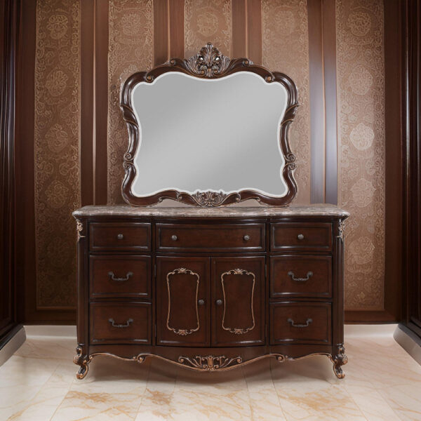 Leon 46 x 47 Dresser Mirror, Beveled, Carved Details, Dark Walnut Finish