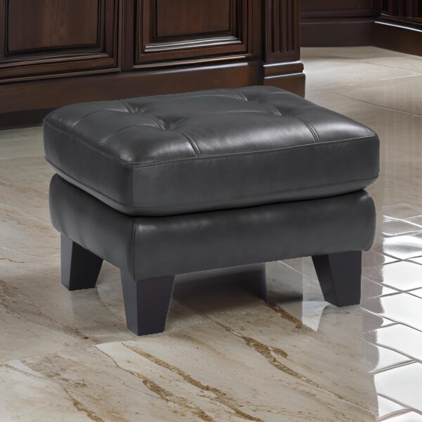 Sofy 27 Inch Ottoman, Dark Gray Top Grain and Faux Leather, Solid Wood