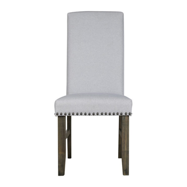 Luo 19 Inch Dining Chairs Set of 2, Nailhead Trim, Gray Fabric, Brown Wood