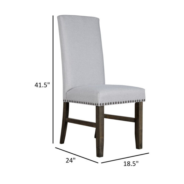 Luo 19 Inch Dining Chairs Set of 2, Nailhead Trim, Gray Fabric, Brown Wood
