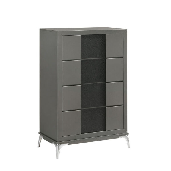 Rya 48 Inch Tall Dresser Chest, 4 Drawers, Gray Wood, Angled Chrome Legs