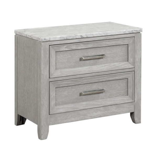 Ion 30 Inch Nightstand, 2 Drawers, White Marble Top, Farmhouse Gray Wood