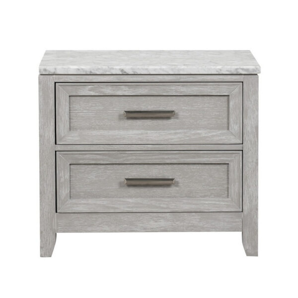 Ion 30 Inch Nightstand, 2 Drawers, White Marble Top, Farmhouse Gray Wood