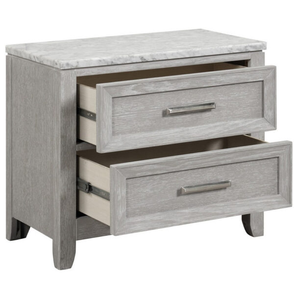 Ion 30 Inch Nightstand, 2 Drawers, White Marble Top, Farmhouse Gray Wood