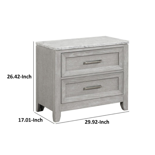 Ion 30 Inch Nightstand, 2 Drawers, White Marble Top, Farmhouse Gray Wood