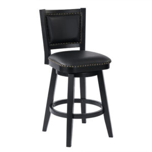 Kera Swivel Barstool Chair, Black Wood, Faux Leather, Nailhead Trim