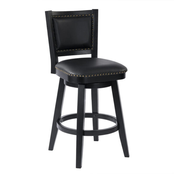 Kera Swivel Barstool Chair, Black Wood, Faux Leather, Nailhead Trim