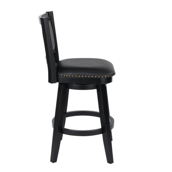 Kera Swivel Barstool Chair, Black Wood, Faux Leather, Nailhead Trim