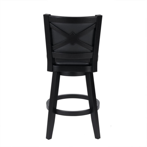 Kera Swivel Barstool Chair, Black Wood, Faux Leather, Nailhead Trim
