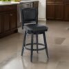 Kera Swivel Barstool Chair, Black Wood, Faux Leather, Nailhead Trim