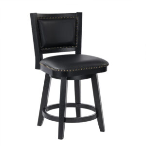150220266991d3f14b7fe.jpeg Kera Swivel Counter Height Stool Chair, Black Wood, Nailhead Faux Leather