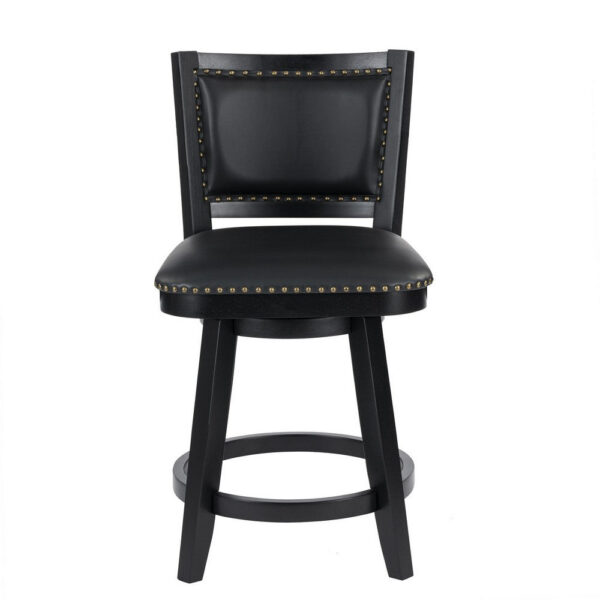 Kera Swivel Counter Height Stool Chair, Black Wood, Nailhead Faux Leather