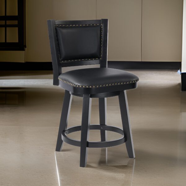 Kera Swivel Counter Height Stool Chair, Black Wood, Nailhead Faux Leather