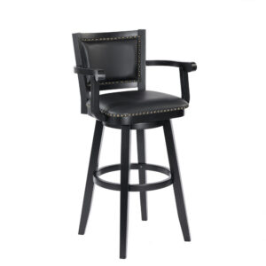 Kera 36 Inch Extra Tall Swivel Barstool Chair, Black Faux Leather, Nailhead