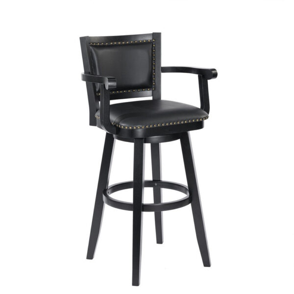 Kera 36 Inch Extra Tall Swivel Barstool Chair, Black Faux Leather, Nailhead