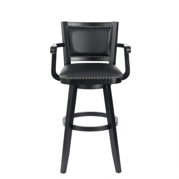 Kera 36 Inch Extra Tall Swivel Barstool Chair, Black Faux Leather, Nailhead