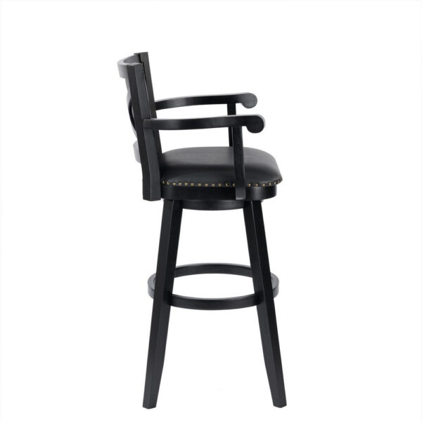 Kera 36 Inch Extra Tall Swivel Barstool Chair, Black Faux Leather, Nailhead