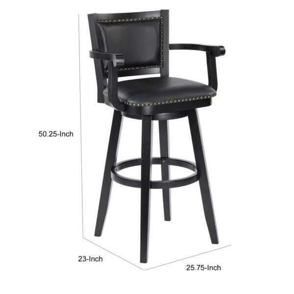 Kera 36 Inch Extra Tall Swivel Barstool Chair, Black Faux Leather, Nailhead