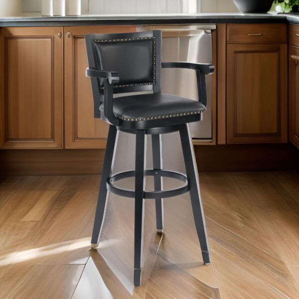 Kera 36 Inch Extra Tall Swivel Barstool Chair, Black Faux Leather, Nailhead