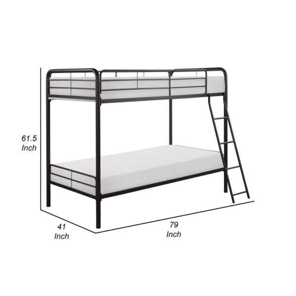 Tara 79 Inch Twin Bunk Bed, Sleek Metal Frame with Ladder in Dark Bronze