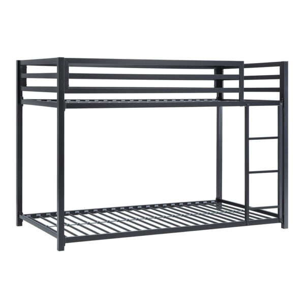 Ovi 78 Inch Twin Bunk Bed, Mounted Ladder, Ground Level Platform Bed, Black