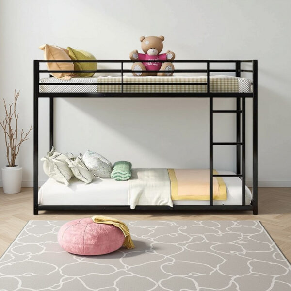 Ovi 78 Inch Twin Bunk Bed, Mounted Ladder, Ground Level Platform Bed, Black