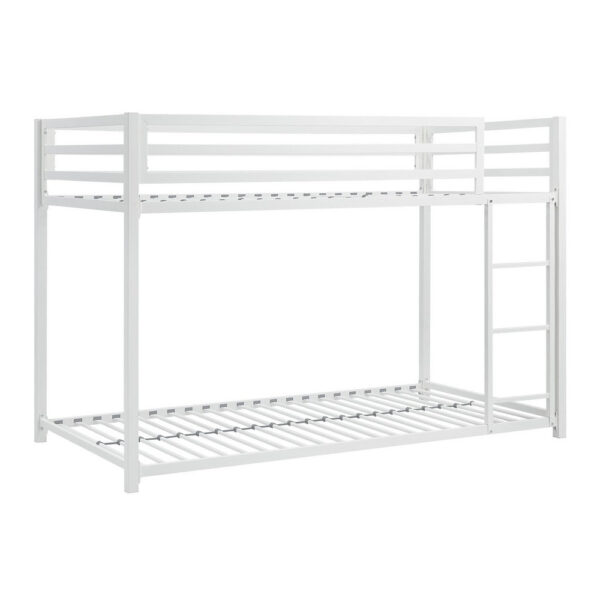 Ovi 78 Inch Twin Bunk Bed, Mounted Ladder, Ground Level Platform Bed, White